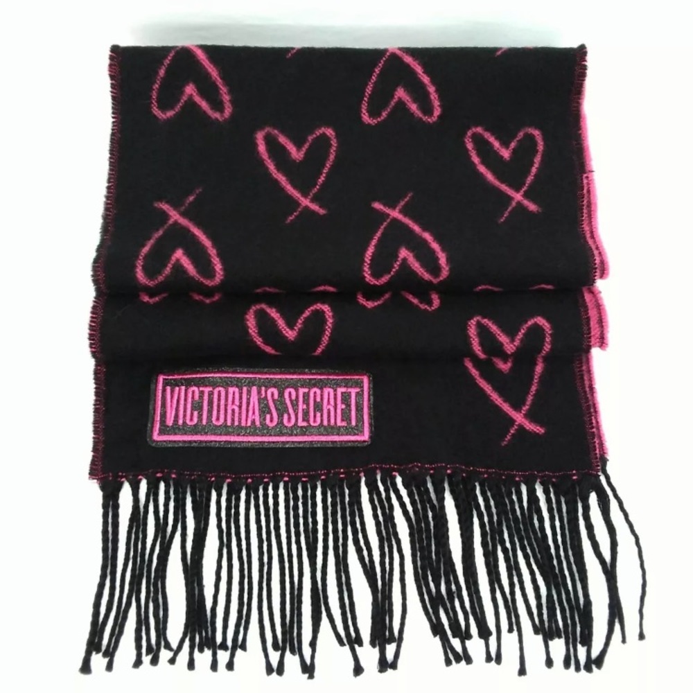 Victoria's Secret Scarf Black Pink Hearts Print All Over Fringe Love NWOT